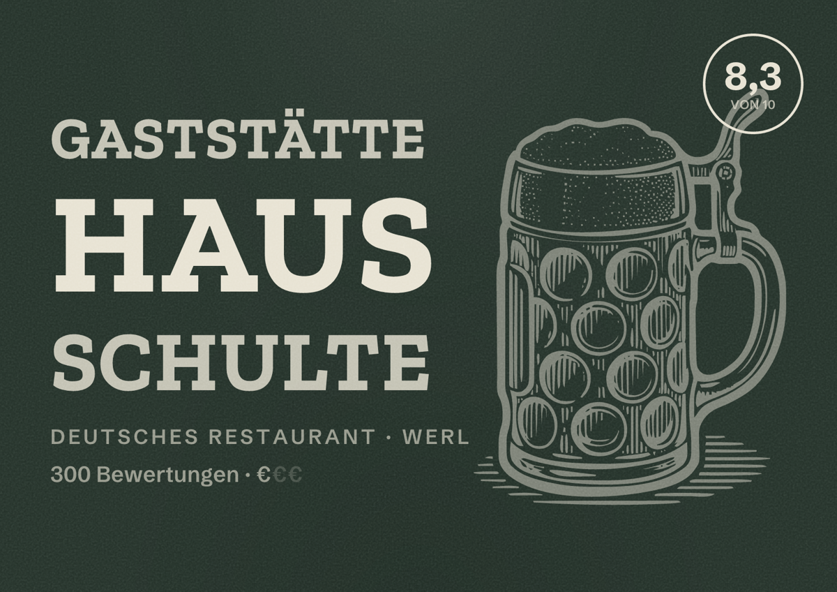Illustriertes Poster von Gaststätte Haus Schulte, Deutsches Restaurant in Werl: Bewertung 8,3 von 10 aus 300 Bewertungen, Preisniveau €