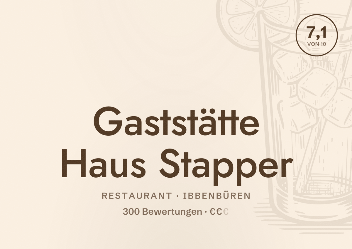 Illustriertes Poster von Gaststätte Haus Stapper, Restaurant in Ibbenbüren: Bewertung 7,1 von 10 aus 300 Bewertungen, Preisniveau €€