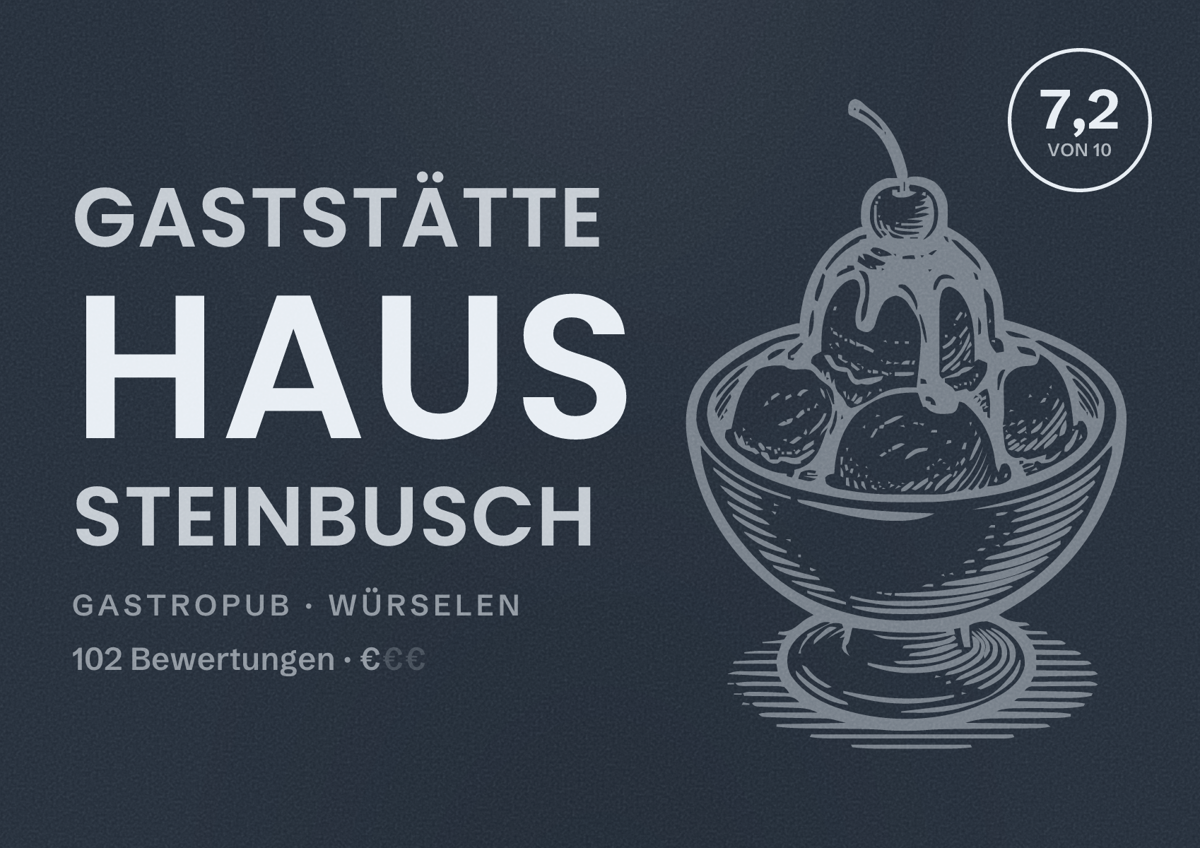 Illustriertes Poster von Gaststätte Haus Steinbusch, Gastropub in Würselen: Bewertung 7,2 von 10 aus 102 Bewertungen, Preisniveau €