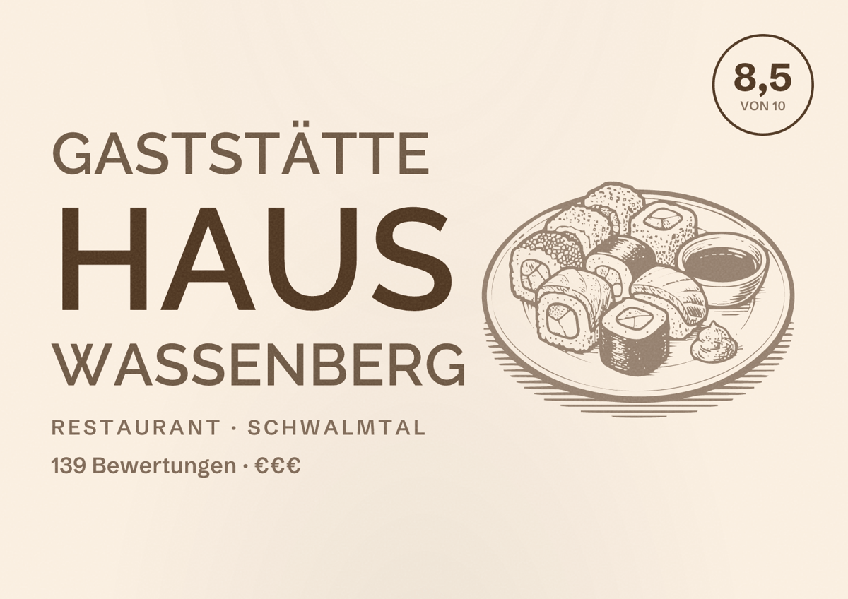Illustriertes Poster von Gaststätte Haus Wassenberg, Restaurant in Schwalmtal: Bewertung 8,5 von 10 aus 139 Bewertungen, Preisniveau €€€