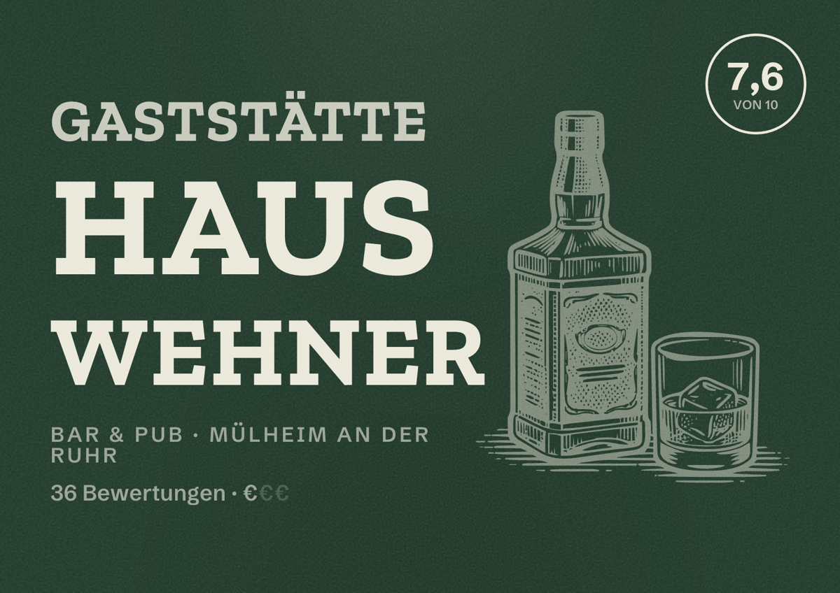 Illustriertes Poster von Gaststätte Haus Wehner, Bar & Pub in Mülheim an der Ruhr: Bewertung 7,6 von 10 aus 36 Bewertungen, Preisniveau €
