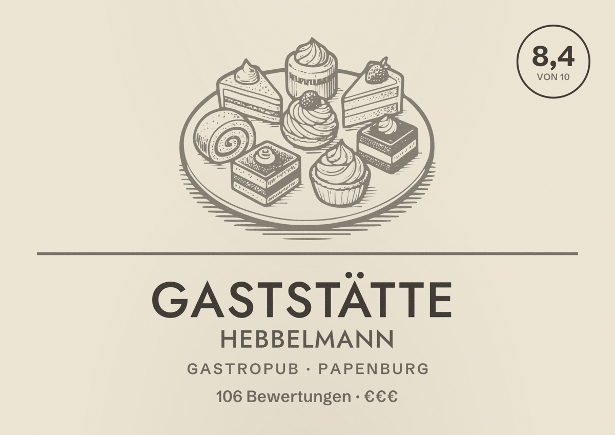 Illustriertes Poster von Gaststätte Hebbelmann, Gastropub in Papenburg: Bewertung 8,4 von 10 aus 106 Bewertungen, Preisniveau €€€
