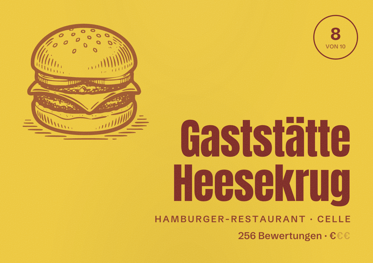 Illustriertes Poster von Gaststätte Heesekrug, Hamburger-Restaurant in Celle: Bewertung 8 von 10 aus 256 Bewertungen, Preisniveau €