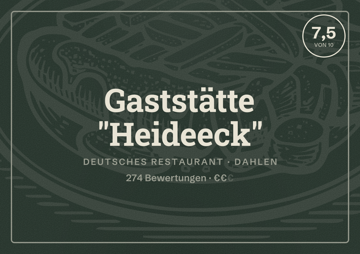 Illustriertes Poster von Gaststätte "Heideeck", Deutsches Restaurant in Dahlen: Bewertung 7,5 von 10 aus 274 Bewertungen, Preisniveau €€