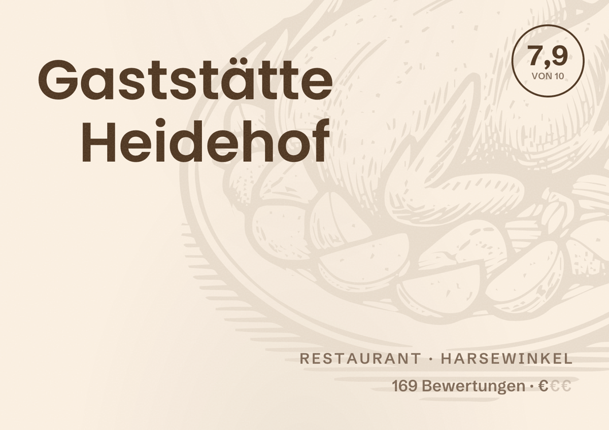 Illustriertes Poster von Gaststätte Heidehof, Restaurant in Harsewinkel: Bewertung 7,9 von 10 aus 169 Bewertungen, Preisniveau €