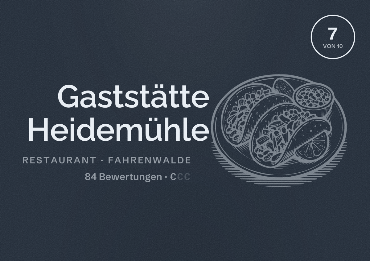 Illustriertes Poster von Gaststätte Heidemühle, Restaurant in Fahrenwalde: Bewertung 7 von 10 aus 84 Bewertungen, Preisniveau €
