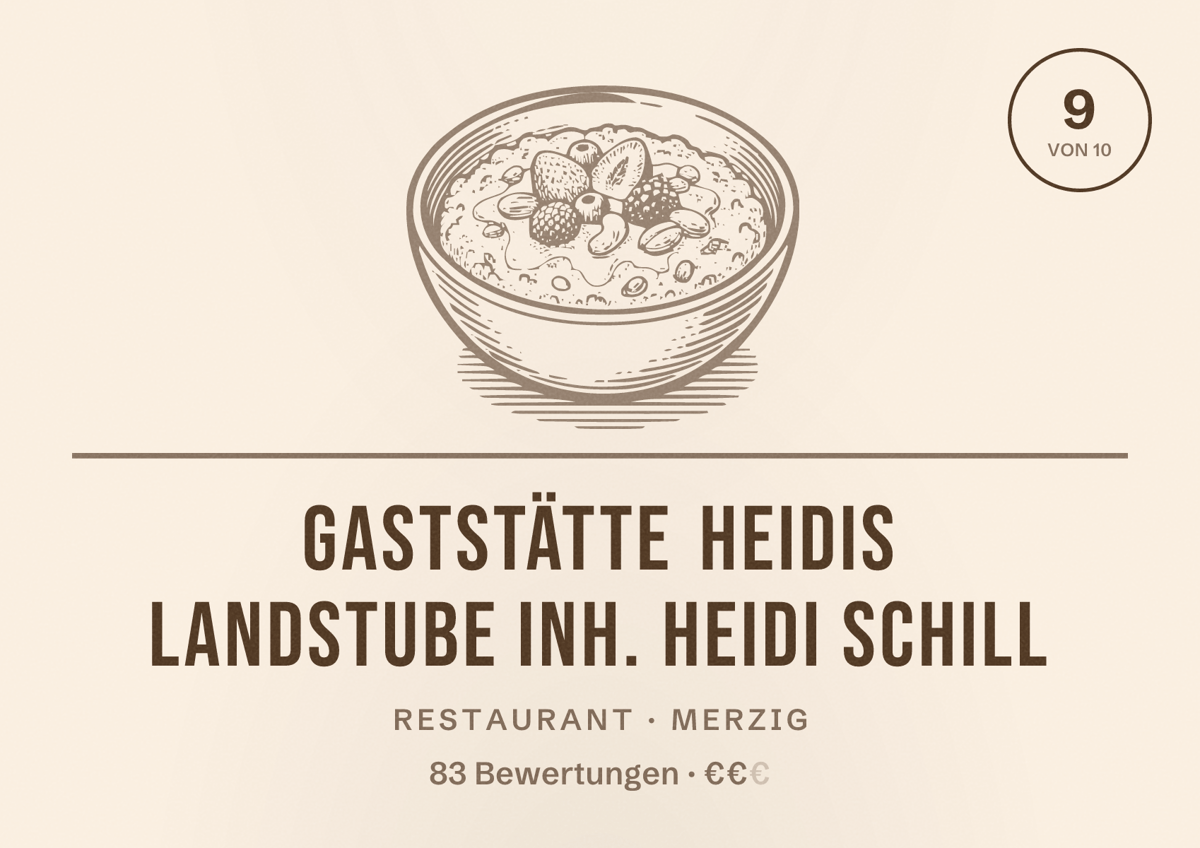 Illustriertes Poster von Gaststätte Heidis Landstube Inh. Heidi Schill, Restaurant in Merzig: Bewertung 9 von 10 aus 83 Bewertungen, Preisniveau €€