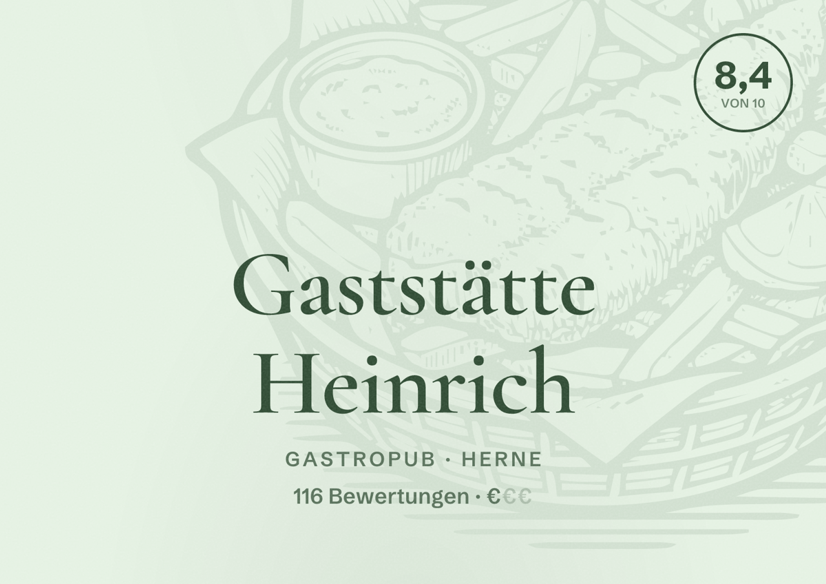 Illustriertes Poster von Gaststätte Heinrich, Gastropub in Herne: Bewertung 8,4 von 10 aus 116 Bewertungen, Preisniveau €