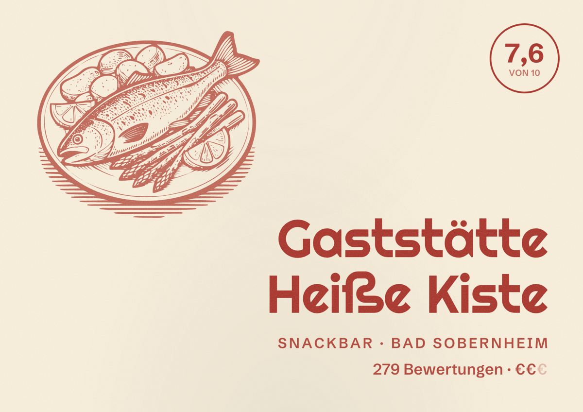 Illustriertes Poster von Gaststätte Heiße Kiste, Snackbar in Bad Sobernheim: Bewertung 7,6 von 10 aus 279 Bewertungen, Preisniveau €€