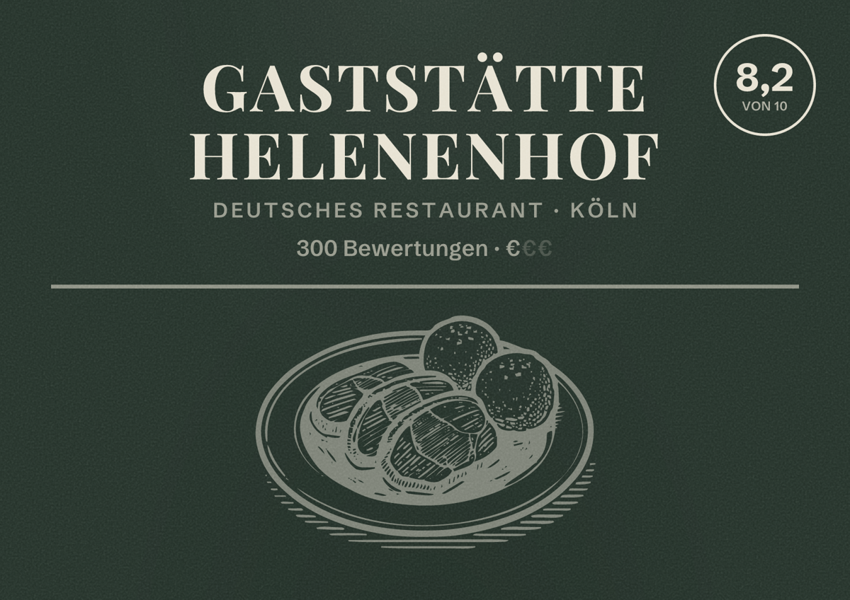 Illustriertes Poster von Gaststätte Helenenhof, Deutsches Restaurant in Köln: Bewertung 8,2 von 10 aus 300 Bewertungen, Preisniveau €