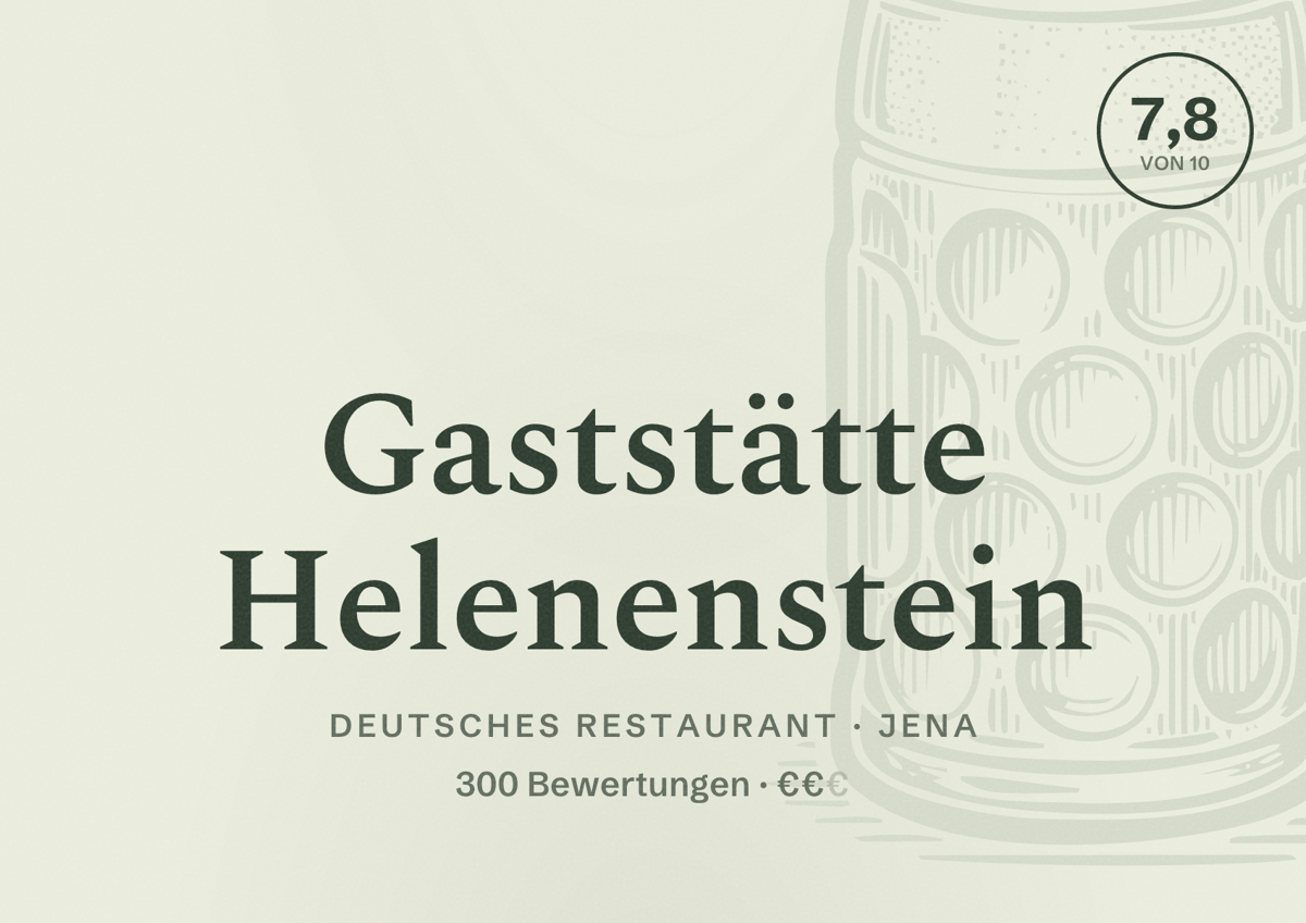 Illustriertes Poster von Gaststätte Helenenstein, Deutsches Restaurant in Jena: Bewertung 7,8 von 10 aus 300 Bewertungen, Preisniveau €€