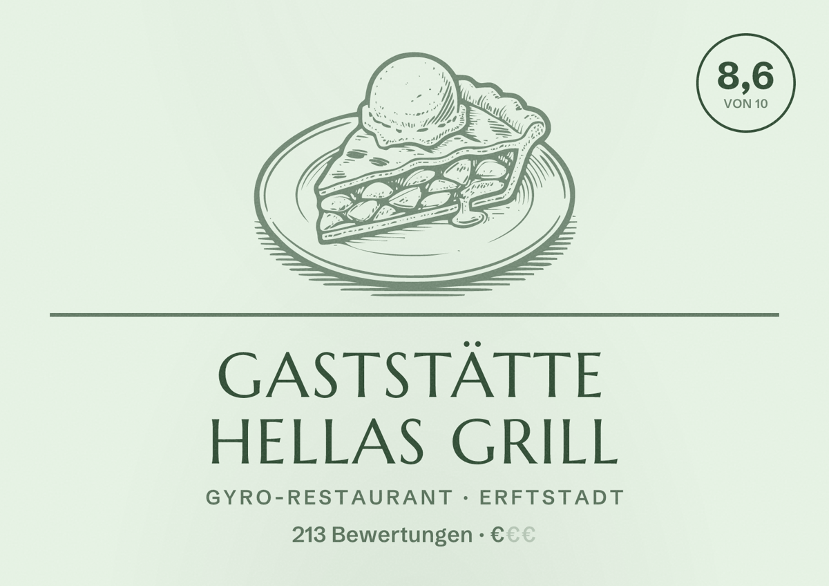Illustriertes Poster von Gaststätte Hellas Grill, Gyro-Restaurant in Erftstadt: Bewertung 8,6 von 10 aus 213 Bewertungen, Preisniveau €