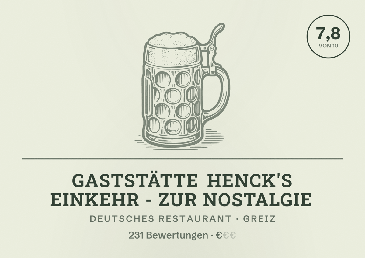 Illustriertes Poster von Gaststätte Henck's Einkehr - Zur Nostalgie, Deutsches Restaurant in Greiz: Bewertung 7,8 von 10 aus 231 Bewertungen, Preisniveau €
