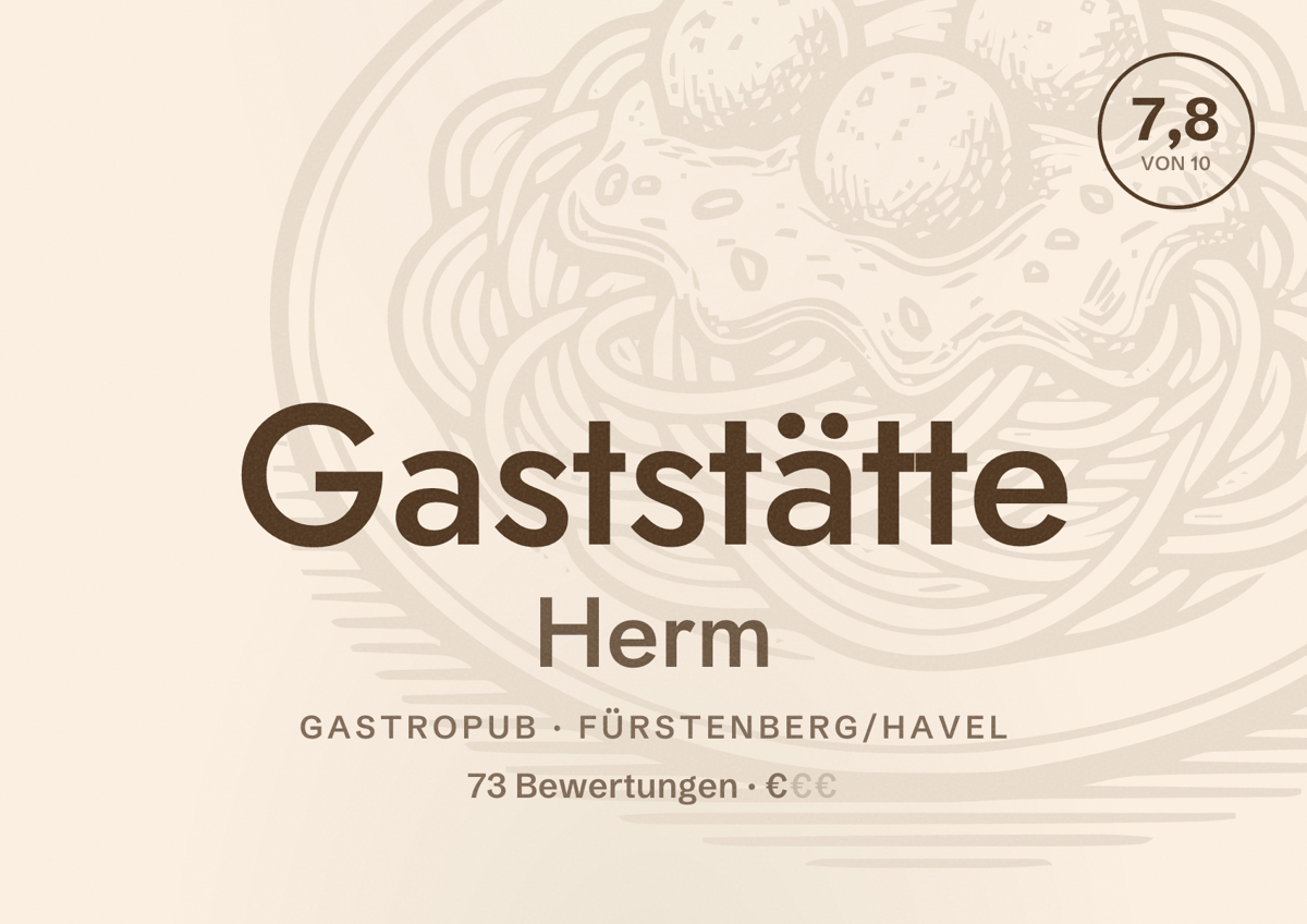 Illustriertes Poster von Gaststätte Herm, Gastropub in Fürstenberg/Havel: Bewertung 7,8 von 10 aus 73 Bewertungen, Preisniveau €