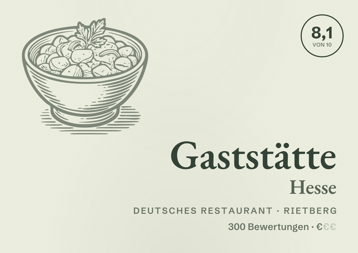 Illustriertes Poster von Gaststätte Hesse, Deutsches Restaurant in Rietberg: Bewertung 8,1 von 10 aus 300 Bewertungen, Preisniveau €