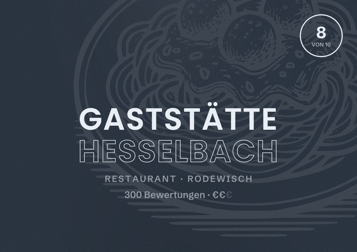 Illustriertes Poster von Gaststätte Hesselbach, Restaurant in Rodewisch: Bewertung 8 von 10 aus 300 Bewertungen, Preisniveau €€