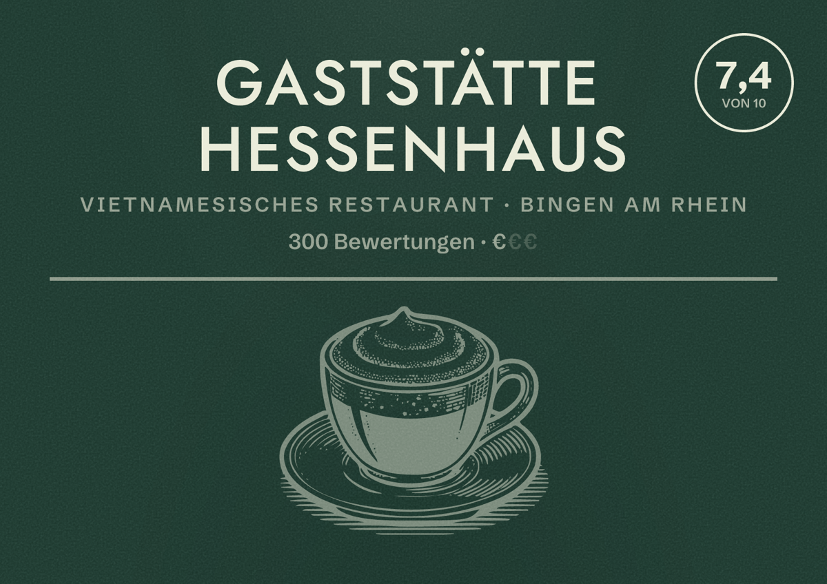 Illustriertes Poster von Gaststätte Hessenhaus, Vietnamesisches Restaurant in Bingen am Rhein: Bewertung 7,4 von 10 aus 300 Bewertungen, Preisniveau €
