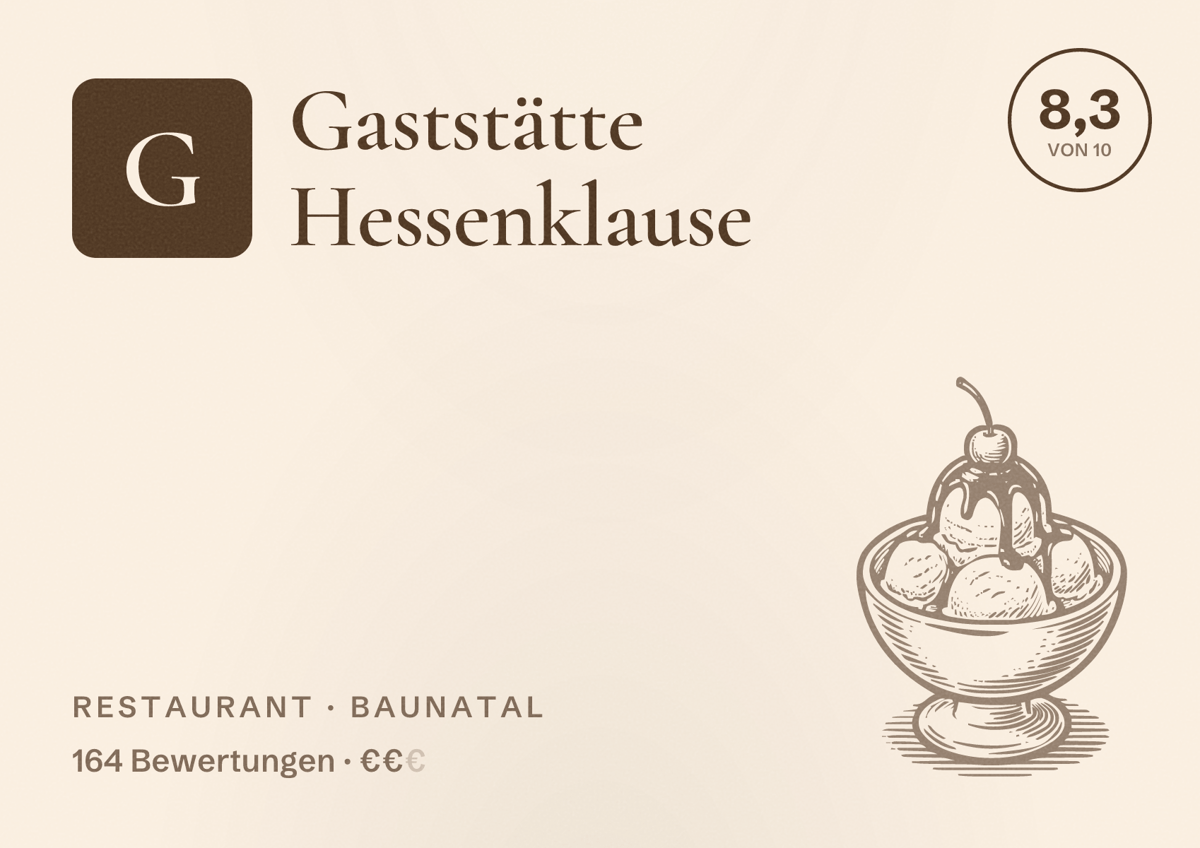 Illustriertes Poster von Gaststätte Hessenklause, Restaurant in Baunatal: Bewertung 8,3 von 10 aus 164 Bewertungen, Preisniveau €€