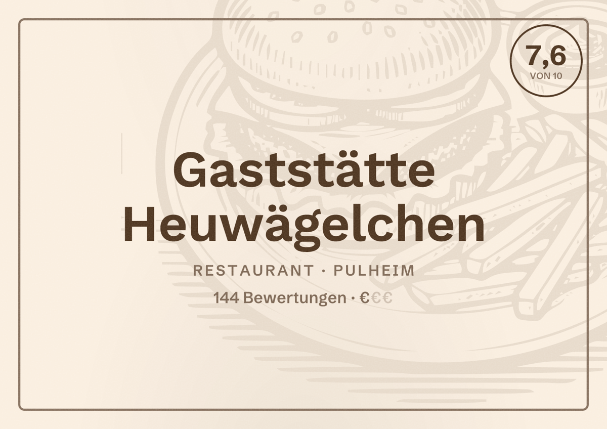 Illustriertes Poster von Gaststätte Heuwägelchen, Restaurant in Pulheim: Bewertung 7,6 von 10 aus 144 Bewertungen, Preisniveau €
