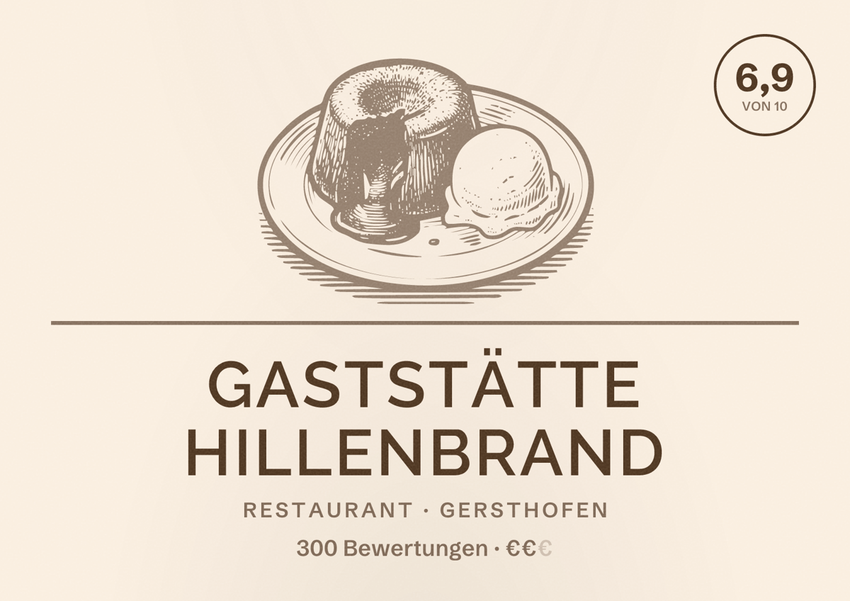 Illustriertes Poster von Gaststätte Hillenbrand, Restaurant in Gersthofen: Bewertung 6,9 von 10 aus 300 Bewertungen, Preisniveau €€