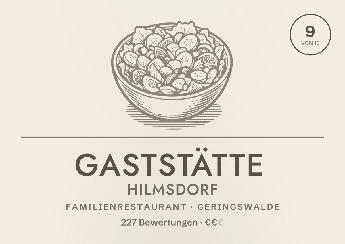 Illustriertes Poster von Gaststätte Hilmsdorf, Familienrestaurant in Geringswalde: Bewertung 9 von 10 aus 227 Bewertungen, Preisniveau €€