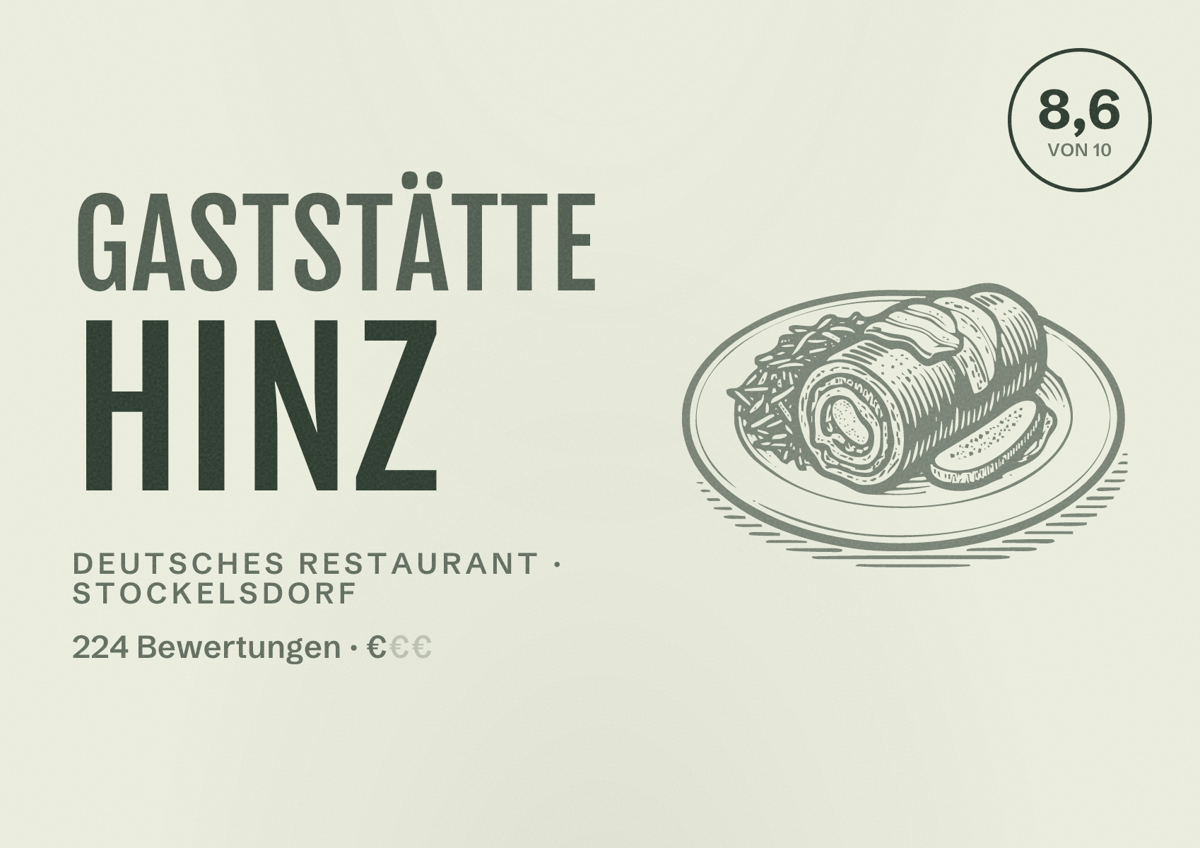 Illustriertes Poster von Gaststätte Hinz, Deutsches Restaurant in Stockelsdorf: Bewertung 8,6 von 10 aus 224 Bewertungen, Preisniveau €
