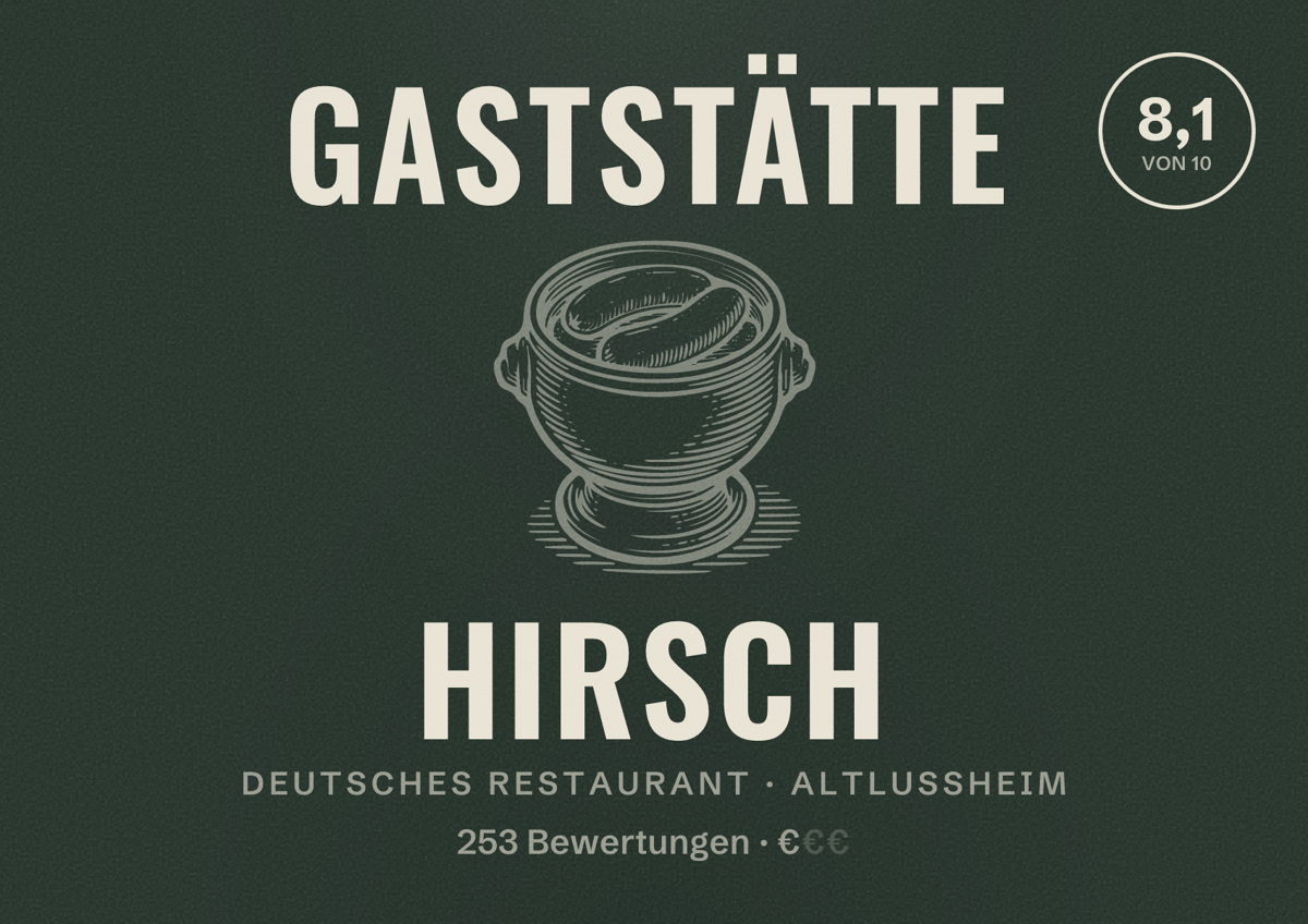 Illustriertes Poster von Gaststätte Hirsch, Deutsches Restaurant in Altlußheim: Bewertung 8,1 von 10 aus 253 Bewertungen, Preisniveau €
