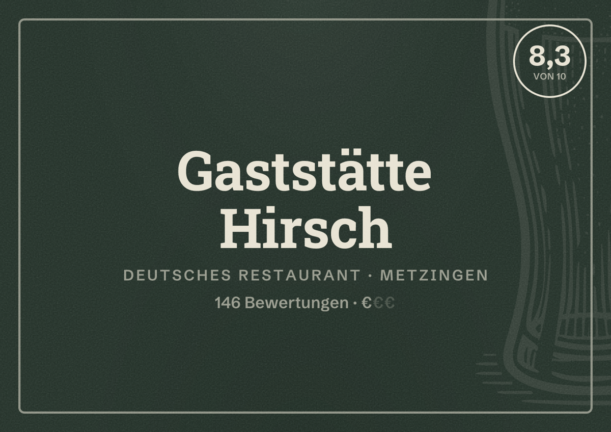 Illustriertes Poster von Gaststätte Hirsch, Deutsches Restaurant in Metzingen: Bewertung 8,3 von 10 aus 146 Bewertungen, Preisniveau €