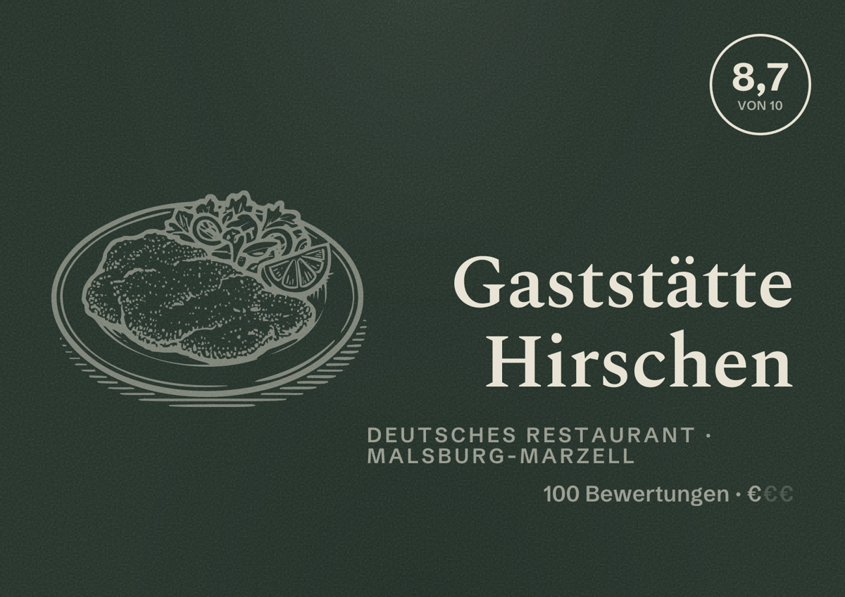Illustriertes Poster von Gaststätte Hirschen, Deutsches Restaurant in Malsburg-Marzell: Bewertung 8,7 von 10 aus 100 Bewertungen, Preisniveau €