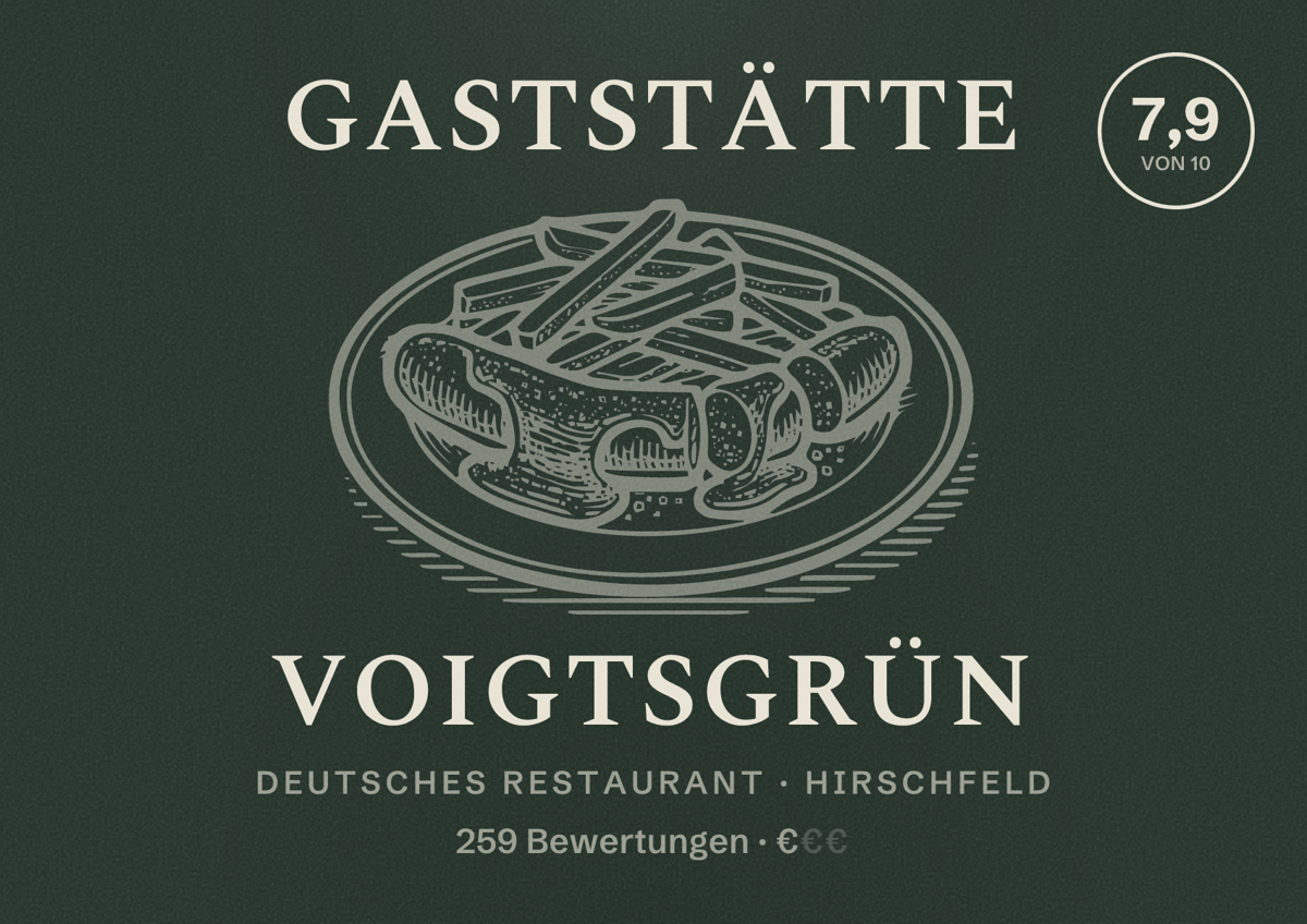 Illustriertes Poster von Gaststätte Voigtsgrün, Deutsches Restaurant in Hirschfeld: Bewertung 7,9 von 10 aus 259 Bewertungen, Preisniveau €