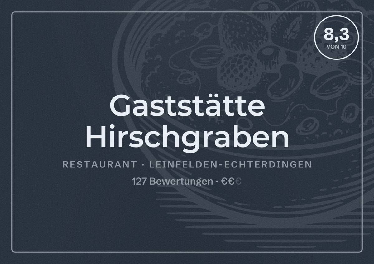 Illustriertes Poster von Gaststätte Hirschgraben, Restaurant in Leinfelden-Echterdingen: Bewertung 8,3 von 10 aus 127 Bewertungen, Preisniveau €€