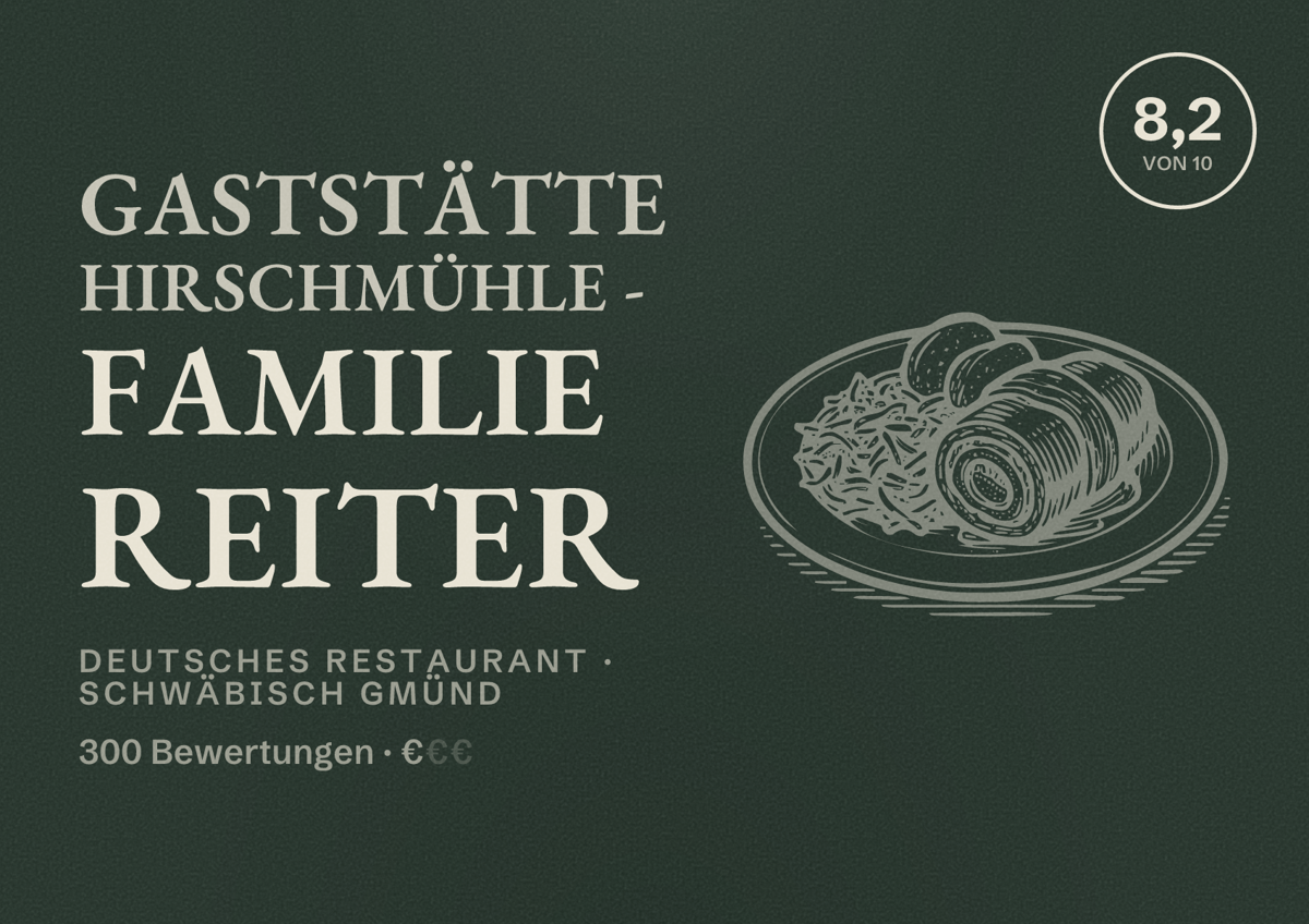 Illustriertes Poster von Gaststätte Hirschmühle - Familie Reiter, Deutsches Restaurant in Schwäbisch Gmünd: Bewertung 8,2 von 10 aus 300 Bewertungen, Preisniveau €