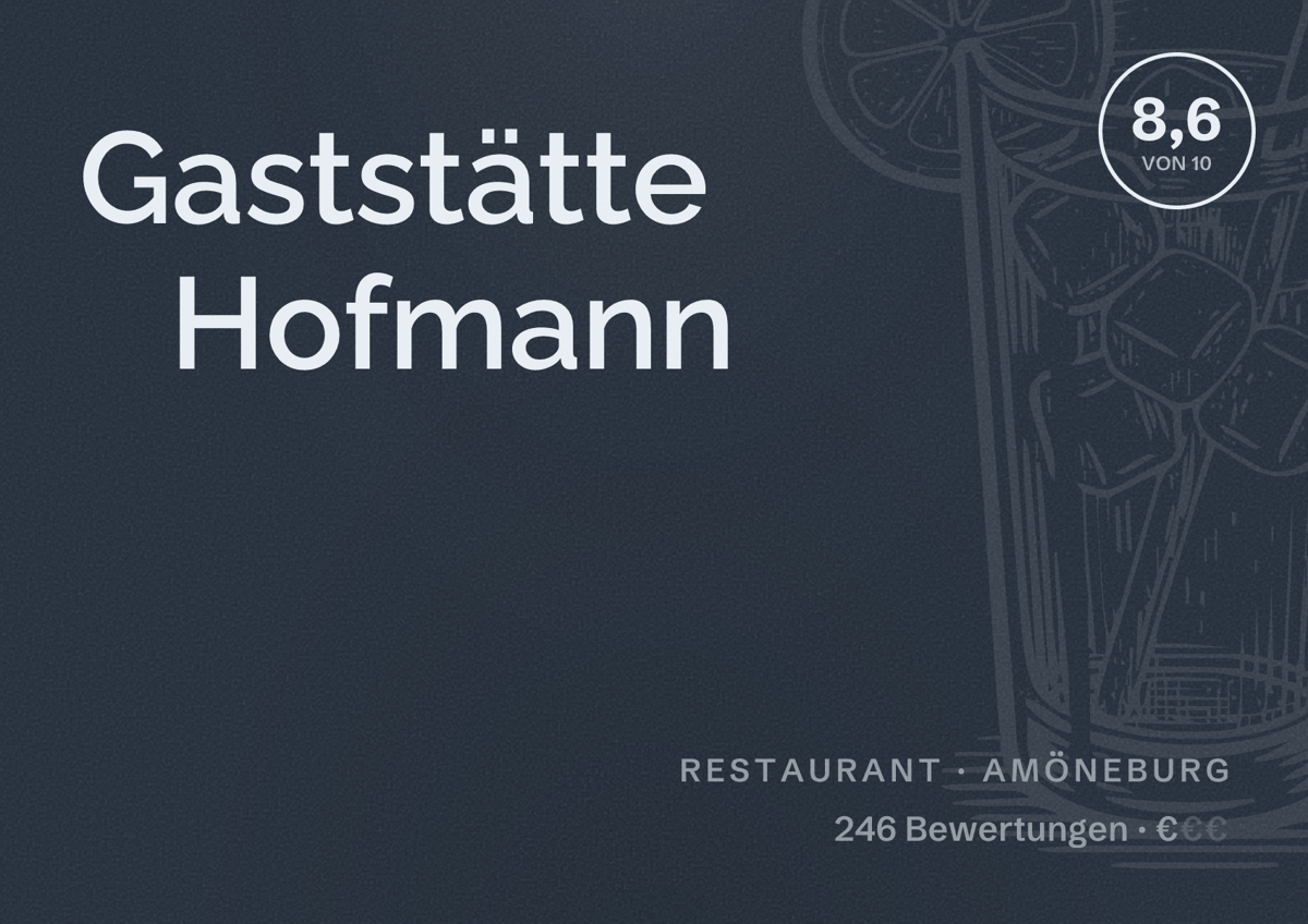 Illustriertes Poster von Gaststätte Hofmann, Restaurant in Amöneburg: Bewertung 8,6 von 10 aus 246 Bewertungen, Preisniveau €
