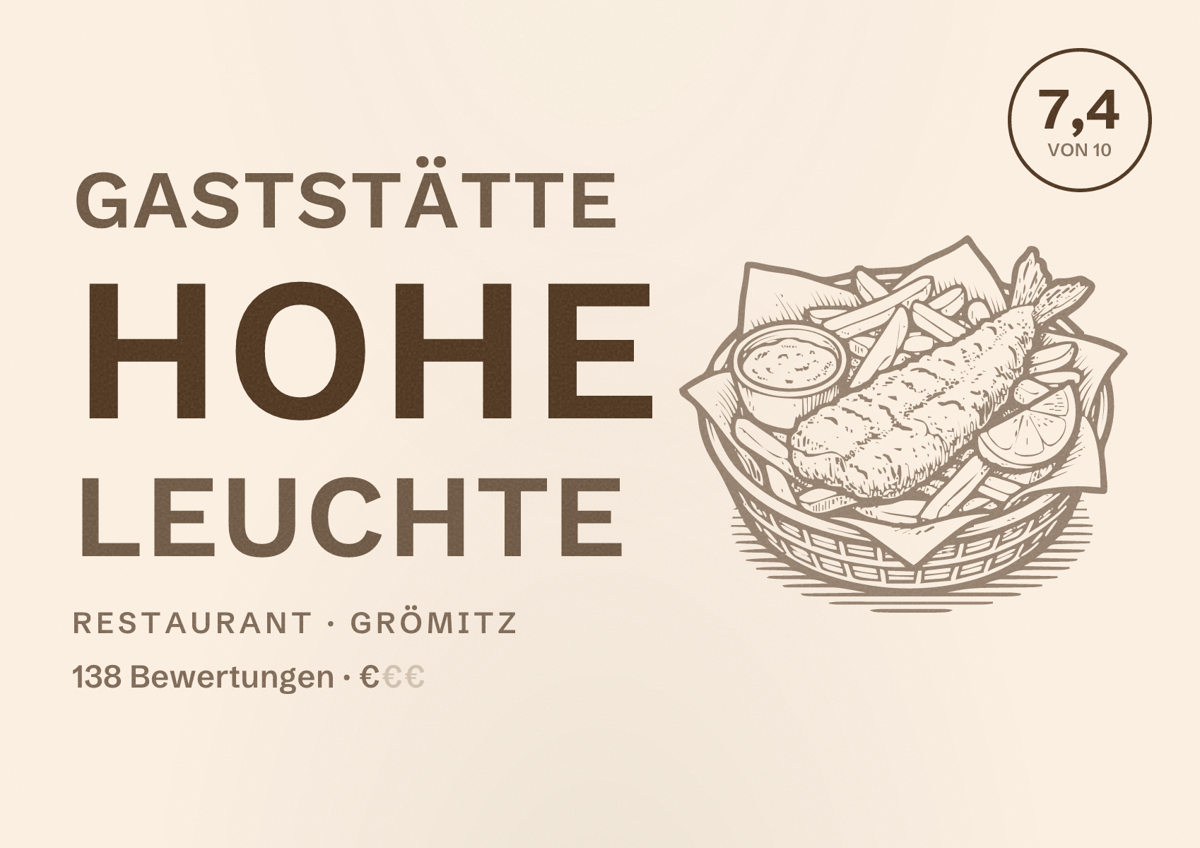Illustriertes Poster von Gaststätte Hohe Leuchte, Restaurant in Grömitz: Bewertung 7,4 von 10 aus 138 Bewertungen, Preisniveau €