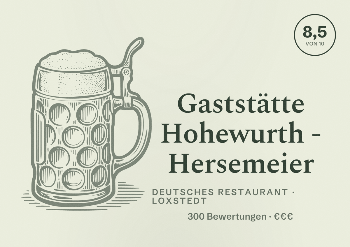Illustriertes Poster von Gaststätte Hohewurth - Hersemeier, Deutsches Restaurant in Loxstedt: Bewertung 8,5 von 10 aus 300 Bewertungen, Preisniveau €€€