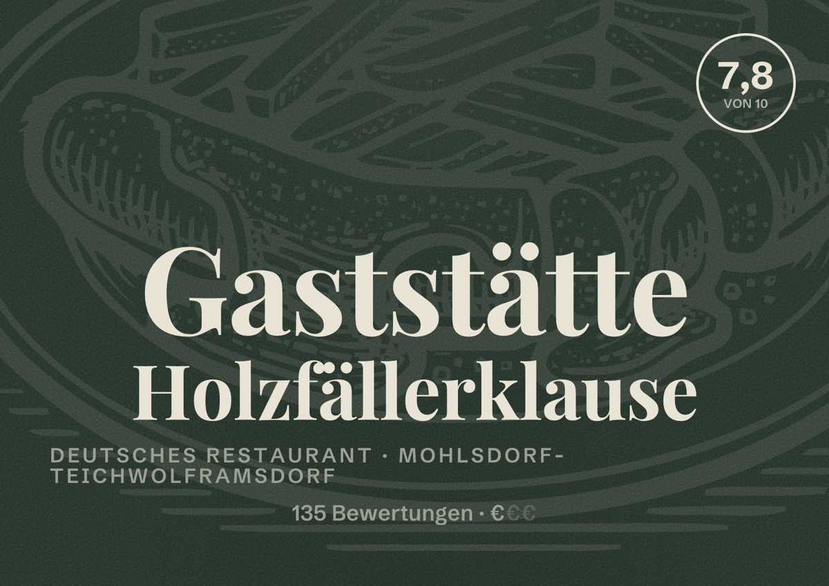 Illustriertes Poster von Gaststätte Holzfällerklause, Deutsches Restaurant in Mohlsdorf-Teichwolframsdorf: Bewertung 7,8 von 10 aus 135 Bewertungen, Preisniveau €