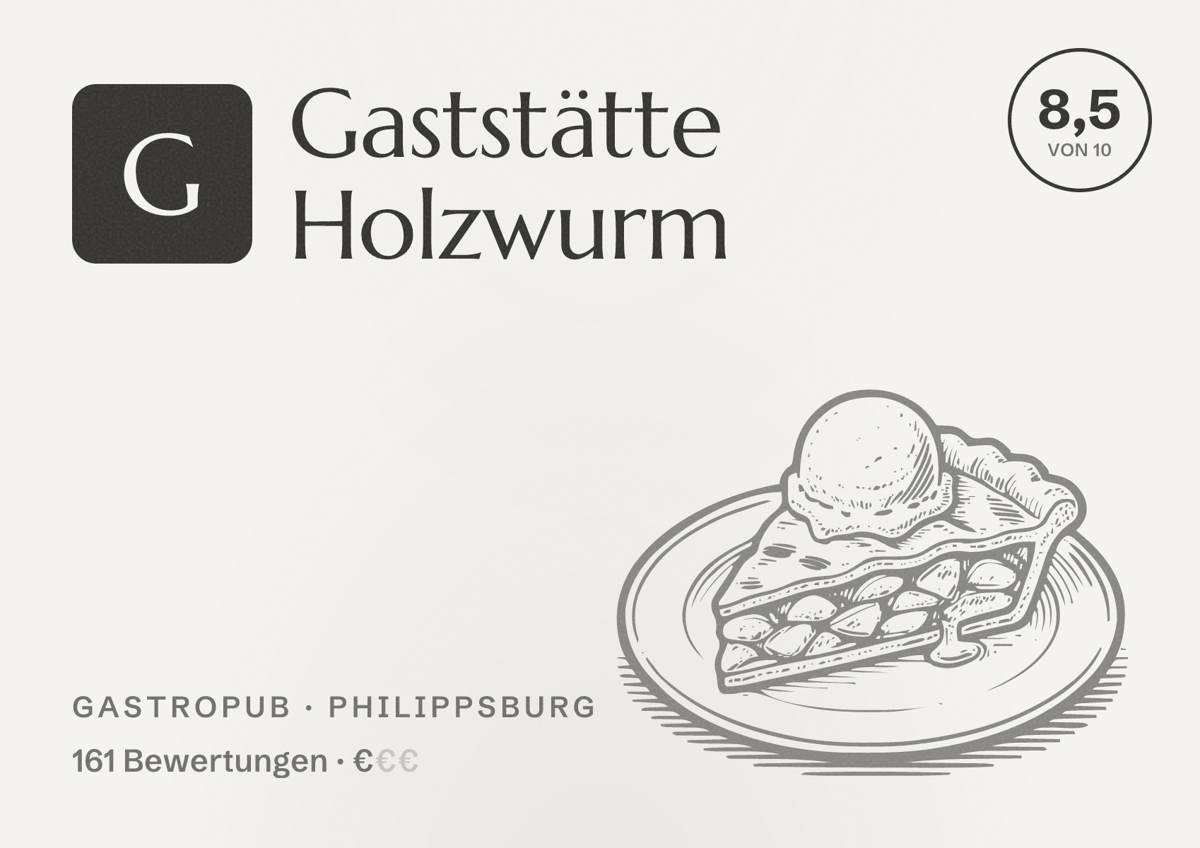 Illustriertes Poster von Gaststätte Holzwurm, Gastropub in Philippsburg: Bewertung 8,5 von 10 aus 161 Bewertungen, Preisniveau €
