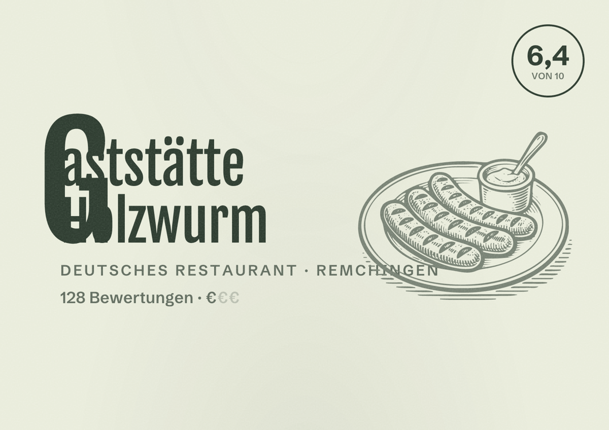 Illustriertes Poster von Gaststätte Holzwurm, Deutsches Restaurant in Remchingen: Bewertung 6,4 von 10 aus 128 Bewertungen, Preisniveau €