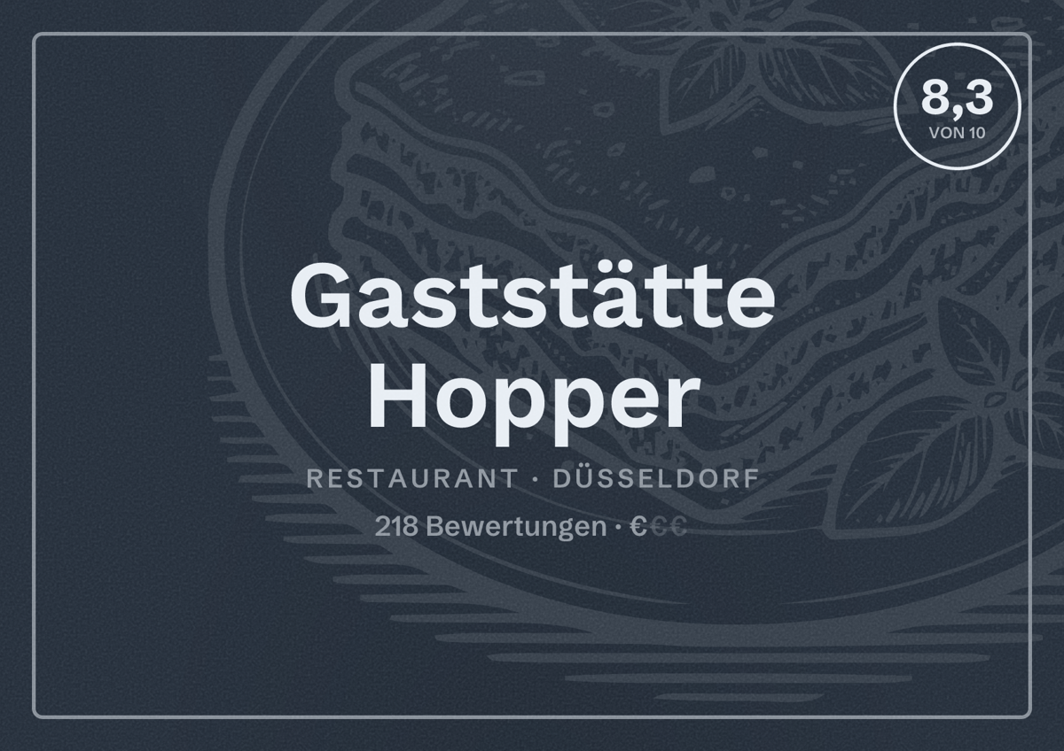 Illustriertes Poster von Gaststätte Hopper, Restaurant in Düsseldorf: Bewertung 8,3 von 10 aus 218 Bewertungen, Preisniveau €