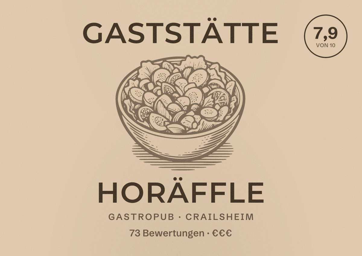 Illustriertes Poster von Gaststätte Horäffle, Gastropub in Crailsheim: Bewertung 7,9 von 10 aus 73 Bewertungen, Preisniveau €€€