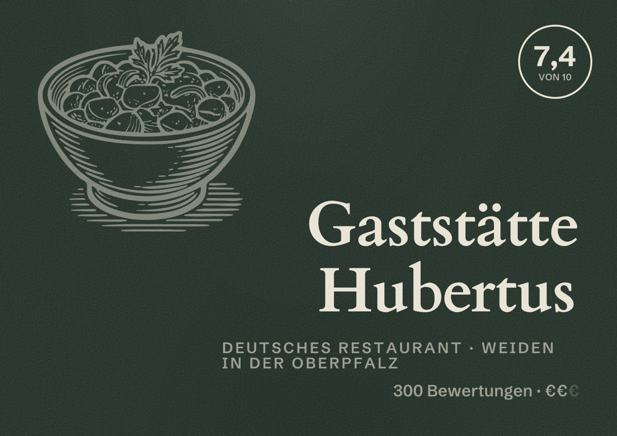 Illustriertes Poster von Gaststätte Hubertus, Deutsches Restaurant in Weiden in der Oberpfalz: Bewertung 7,4 von 10 aus 300 Bewertungen, Preisniveau €€