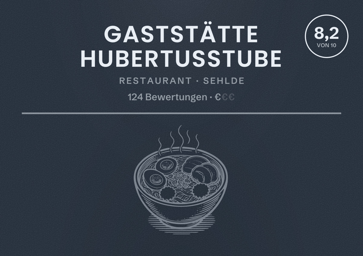 Illustriertes Poster von Gaststätte Hubertusstube, Restaurant in Sehlde: Bewertung 8,2 von 10 aus 124 Bewertungen, Preisniveau €