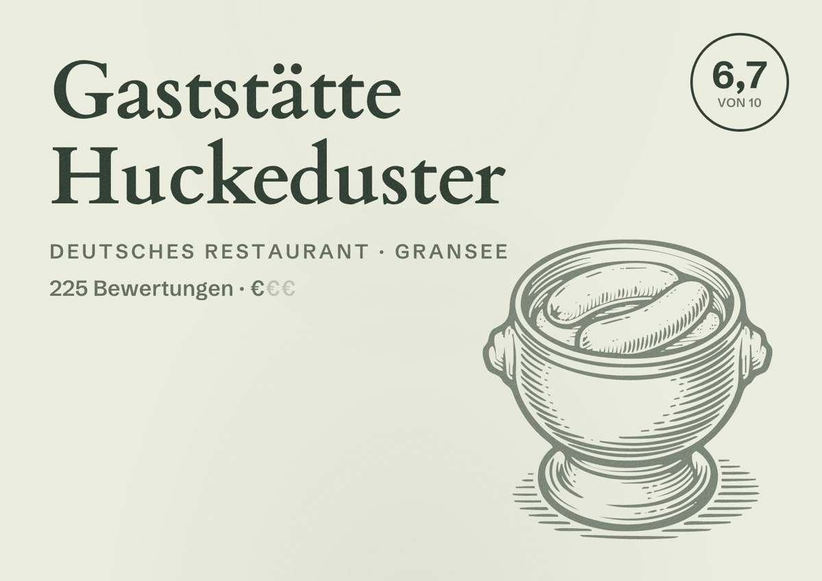 Illustriertes Poster von Gaststätte Huckeduster, Deutsches Restaurant in Gransee: Bewertung 6,7 von 10 aus 225 Bewertungen, Preisniveau €