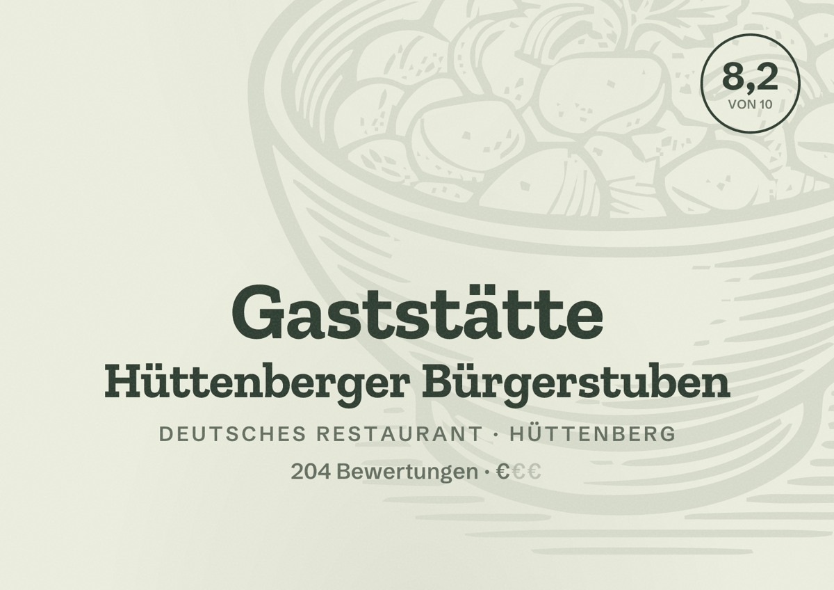 Illustriertes Poster von Gaststätte Hüttenberger Bürgerstuben, Deutsches Restaurant in Hüttenberg: Bewertung 8,2 von 10 aus 204 Bewertungen, Preisniveau €