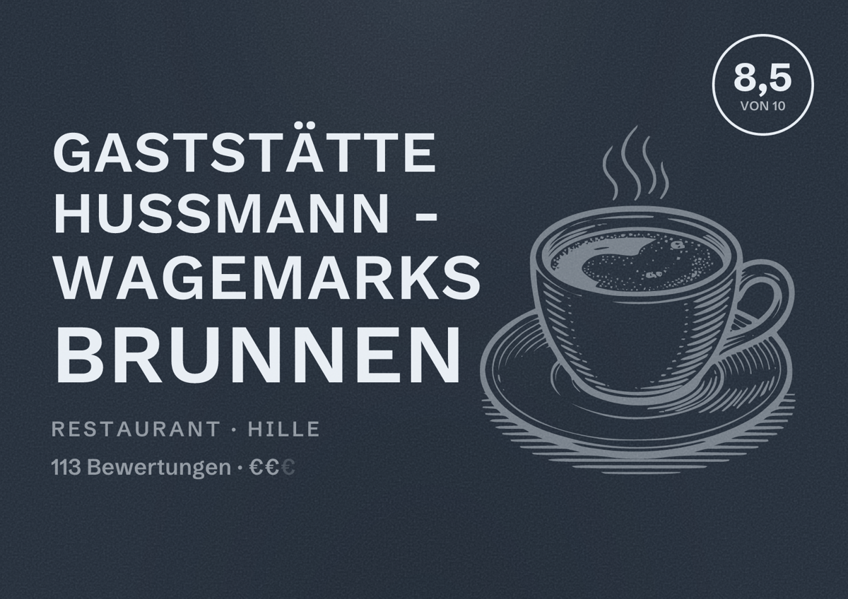Illustriertes Poster von Gaststätte Hussmann - Wagemarks Brunnen, Restaurant in Hille: Bewertung 8,5 von 10 aus 113 Bewertungen, Preisniveau €€