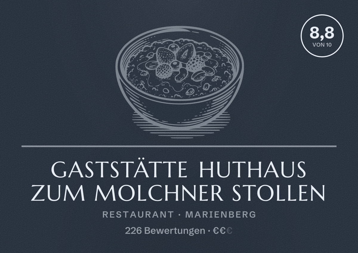 Illustriertes Poster von Gaststätte Huthaus Zum Molchner Stollen, Restaurant in Marienberg: Bewertung 8,8 von 10 aus 226 Bewertungen, Preisniveau €€