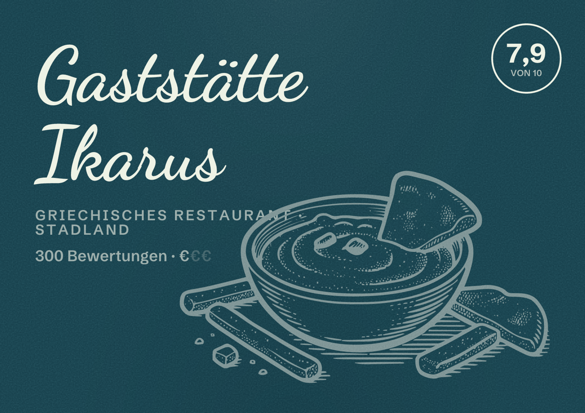 Illustriertes Poster von Gaststätte Ikarus, Griechisches Restaurant in Stadland: Bewertung 7,9 von 10 aus 300 Bewertungen, Preisniveau €
