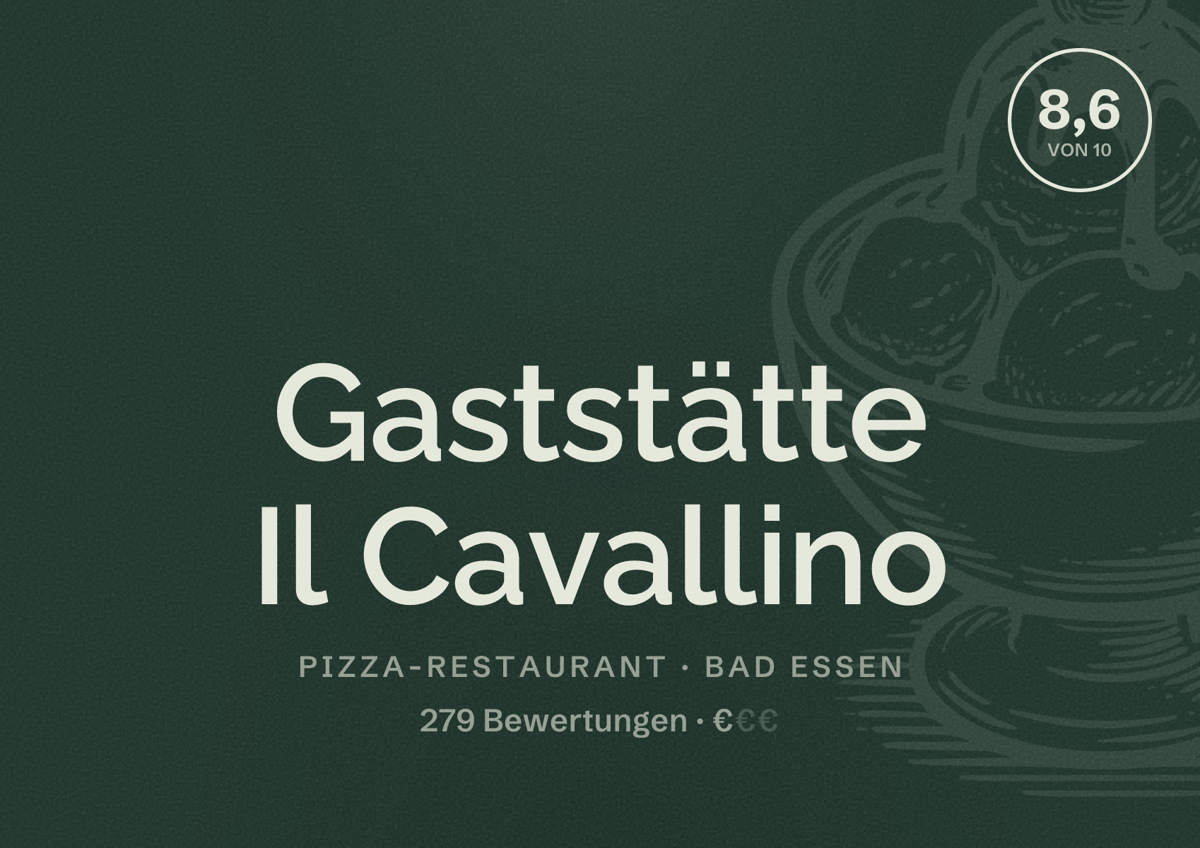 Illustriertes Poster von Gaststätte Il Cavallino, Pizza-Restaurant in Bad Essen: Bewertung 8,6 von 10 aus 279 Bewertungen, Preisniveau €
