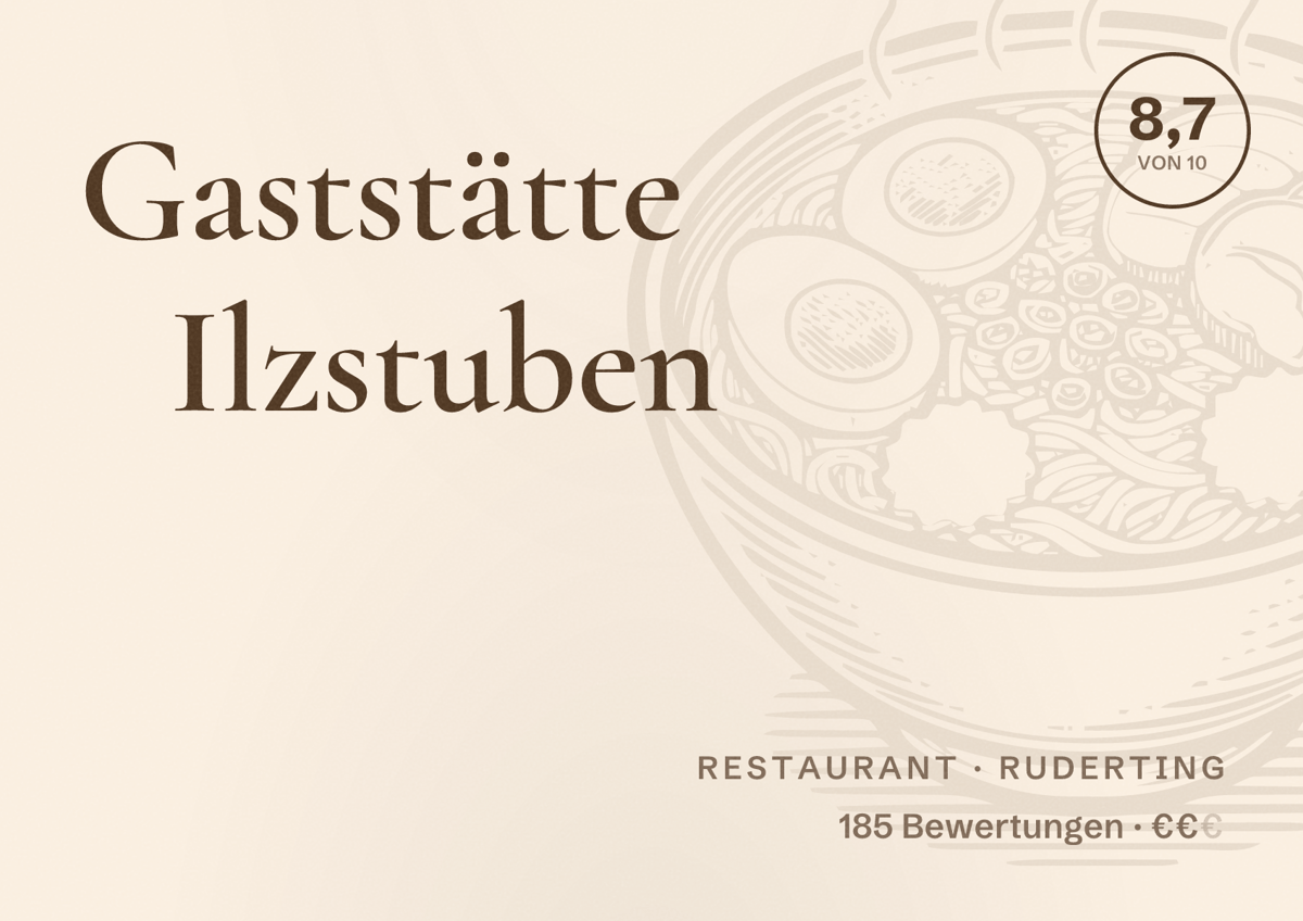 Illustriertes Poster von Gaststätte Ilzstuben, Restaurant in Ruderting: Bewertung 8,7 von 10 aus 185 Bewertungen, Preisniveau €€