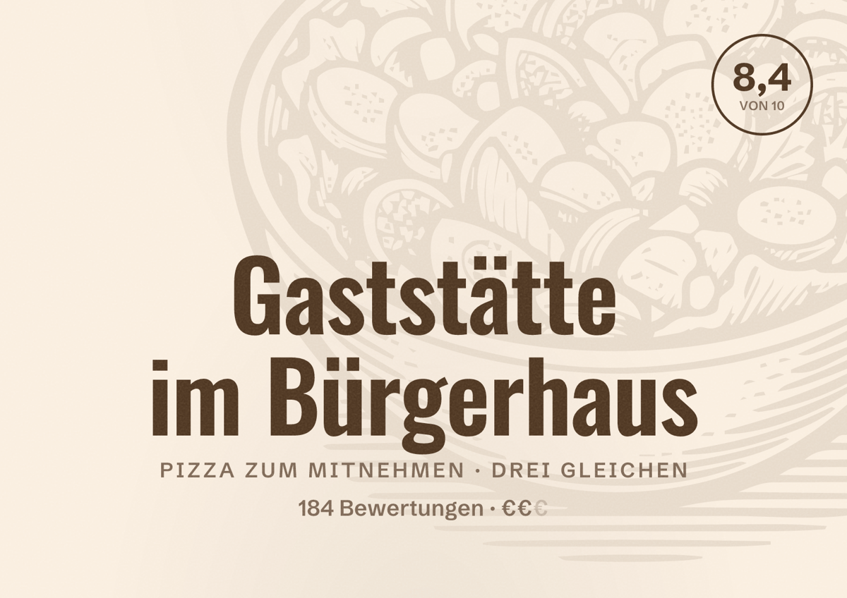 Illustriertes Poster von Gaststätte im Bürgerhaus, Pizza zum Mitnehmen in Drei Gleichen: Bewertung 8,4 von 10 aus 184 Bewertungen, Preisniveau €€